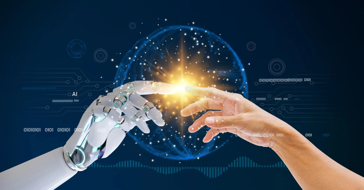 Industry 4.0 Concept with robot and human hands connecting with technology.