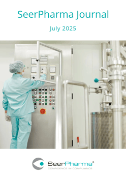 Cover page of SeerPharma July 2025 Journal showing GMP operator at the HMI control panel of liquid mixing vessel.